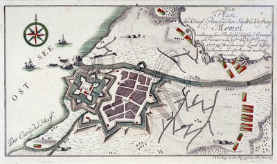 Memelin (nykyinen Klaipeda, Liettua) suunnitelma kaupungin antautumisen aikana 27. kesäkuuta-5. heinäkuuta 1757. Vedensyövytys vuonna 1764 väreillä. tekijältä Unbekannter Künstler