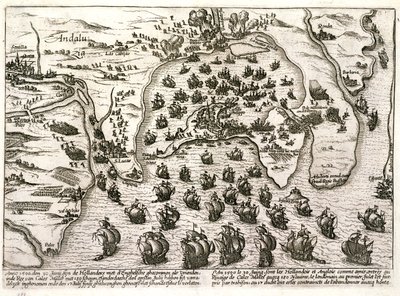 Cadizin sataman suunnitelma vuonna 1596 Sir Walter Raleighin hyökkäyksen aikaan (kaiverrus) tekijältä Unbekannter Künstler