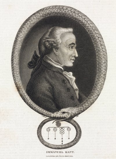 Filosofi Immanuel Kantin (1724-1804) muotokuva häntäänsä purevan käärmeen muovaamassa kehyksessä tekijältä Unbekannt