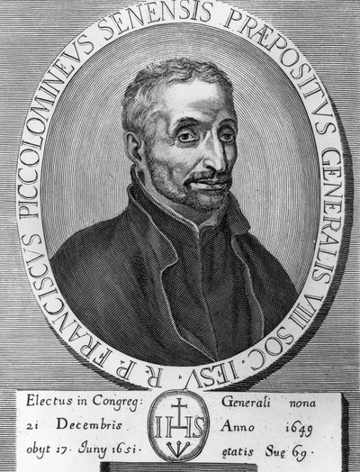 Muotokuva Francesco Piccolomini (1582-1651), italialainen jesuiitta, oli Jeesuksen seuran ylijohtaja vuosina 1649-1651, kaiverrus tekijältä William M. Timlin