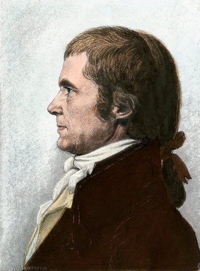 Muotokuva John Marshallista (1755-1835), yhdysvaltalaisesta lakimiehestä ja valtiomiehestä, Yhdysvaltain korkeimman oikeuden presidentistä. Liitoskuva 1800-luvulta Charles Fevret de Saint Meminin (1770-1852) maalauksen pohjalta. tekijältä Unbekannter Künstler