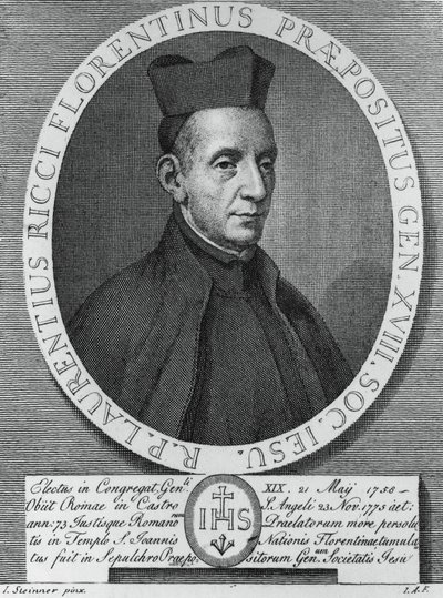 Lorenzo Riccin (1703-1775), italialaisen jesuiitta ja Jeesuksen seuran 18. kenraalijohtajan muotokuva, kaiverrus tekijältä William M. Timlin