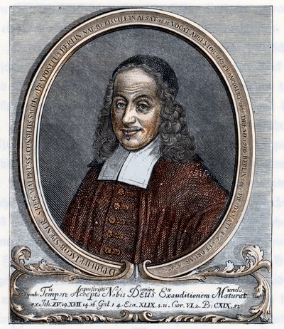 Muotokuva Philipp Jacob Speneristä (Philippe Jacques Spener) (1635-1705) luterilainen teologi pietismin perustaja Kaiverrus Johannes Scherrin teoksesta "Germania" 1880 Yksityiskokoelma tekijältä Unbekannter Künstler
