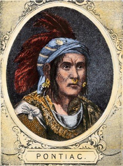 Pontiacin (tai Obwandiyagin, n. 1714-1769), Detroitin Outaouais-intiaaniheimon (Ottawa Nation) päällikön muotokuva. Värikaiverrus 1800-luvulta. tekijältä Unbekannter Künstler