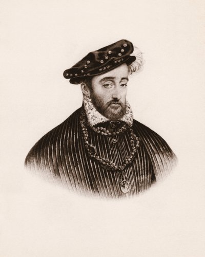 Muotokuva Ranskan kuninkaasta Henrik II:sta (1519-1559) 1800-luvun kaiverrus. tekijältä Unbekannter Künstler