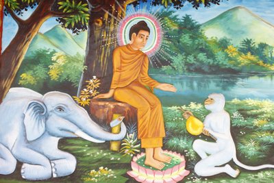 Preah Prom Rathin luostari Buddhan elämä Siddhartha Gautama omistautuneen norsun ja apinan kanssa, Siem Reap, Kambodža tekijältä Unbekannt
