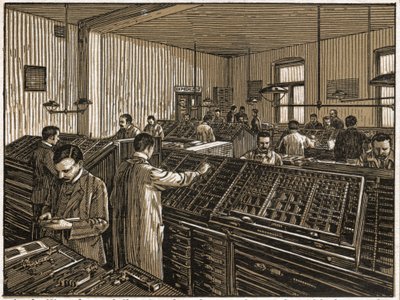 Kirjapaino Budapestissa. (kaiverrus, n. 1910) tekijältä Unbekannter Künstler