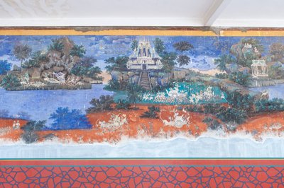 Reamker-freskot koristavat kuninkaallisen palatsikompleksin seiniä Phnom Penhissä, Kambodžassa (kuva) tekijältä Unbekannter Künstler