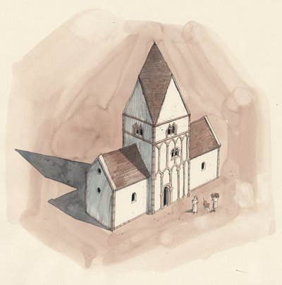 Pietarin kirkon jälleenrakennuspiirustus anglosaksisen kauden aikana, Wales, Liam (1900-luku) (akvarelli paperille) tekijältä Unbekannter Künstler