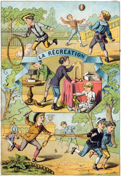 Virkistystä koulun pihalla. Kaiverrus "Alphabet des petits ecoliers". Epinalin kuva, noin 1885. Privee Collection tekijältä Unbekannt