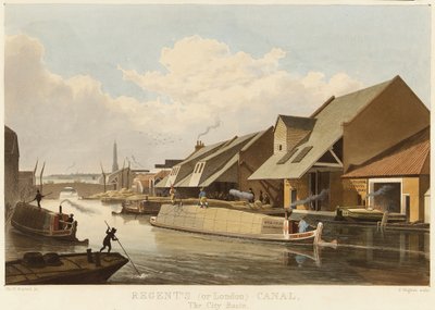 Regentin kanava (tai Lontoon kanava) (Englanti) ja Islington City Basin, kanavan tärkein liikennekeskus, jossa on varastoja ja lastauslaitureita tavaroille. tekijältä Unbekannter Künstler