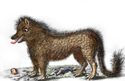 Gevaudanin peto, uhriensa luut hajallaan jalkojen ympärillä Kaiverrus noin 1764 (Gevaudanin peto vuoden 1764 kuvauksessa) Yksityiskokoelma tekijältä Unbekannter Künstler