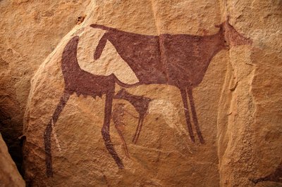 Kalliotaide, esihistoria: Kalliomaalaus suuresta kaksisävyisestä lehmästä ja sen vasikasta koristeellisessa suojissa Uweinatin vuoristossa, Sudanissa. Ajanjakso 8000-3000 vuotta eKr. Valokuvaus tekijältä Unbekannt