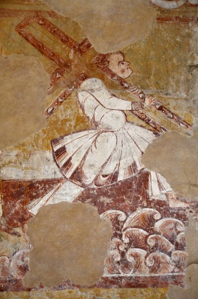 Romaaninen taide: Simon Cypere kantaa Kristuksen ristiä. Yksityiskohta kuoron freskoista "La vie du Christ" (1200-luvulta) Saint Martinin kirkosta (Saint Martin). tekijältä Unbekannter Künstler