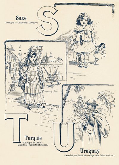 S T U: Saksi, Turkki, Uruguay - kahden maailman ABC. Emile Guerin, kustantaja, Pariisi, noin 1900. Mitat: 27,5 x 21,5 cm tekijältä Unbekannt