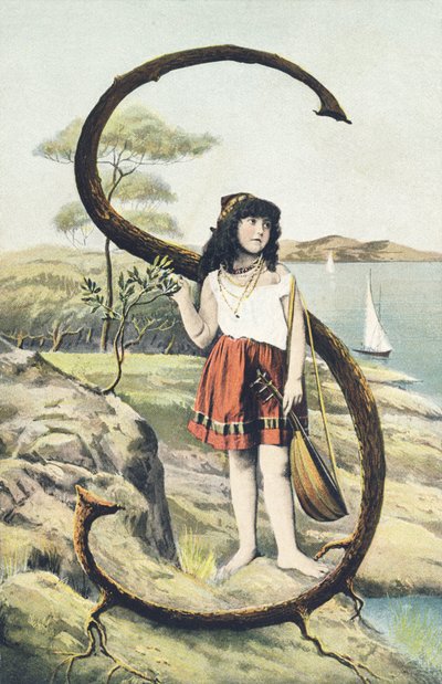 S: Nuori tyttö, jolla on lyhyt hame ja hihaton liivi, pitää mandoliinia vasemmassa kädessään. Maalaissisustus - Aakkosmerkit Ref Th. E., L. Theochrom - Serie 994. Theodor Eisman, kustantaja, Leipzig tekijältä Unbekannt