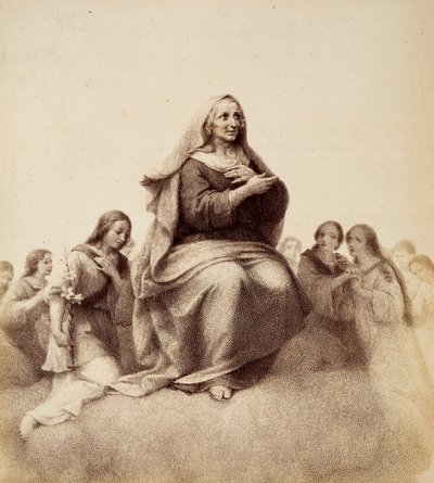Pyhä Ann katselee tyytyväisenä tytärtään. Kuvitus Dante Alighierin "Jumalaisen komedian" Paradisossa olevasta laulusta XXXII. Francesco Scaramuzzan Firenzen kunnalle omistama teos. tekijältä Unbekannter Künstler