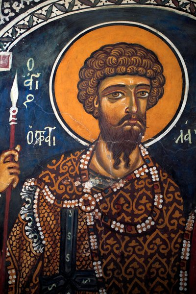 Saint Theodore Stratelates: Bysanttilainen fresko 1300-luvulta (1332) Phorbiotissa Neitsytkirkko, Asinou Kypros Maalatut kirkot Unescon sivusto Troodos, Kypros tekijältä Unbekannt