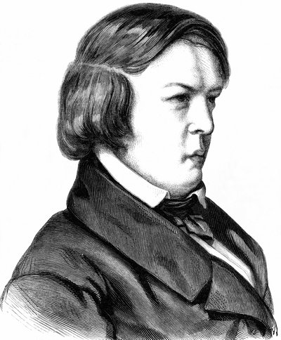 Schumann, Robert , saksalainen säveltäjä , syntynyt 08. 06. 1810 Zwickau, kuoli 29. 07. 1856 Endenich lähellä Bonnia, puukaiverrus noin 1860. tekijältä Unbekannter Künstler
