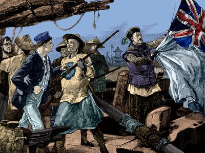 Toinen oopiumisota: kiinalaiset virkamiehet riisuvat Britannian lipun Arrow-alukselta. tekijältä Unbekannter Künstler