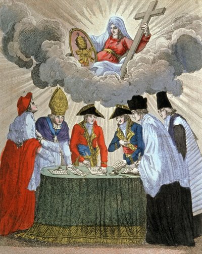 Napoleonin ja paavi Pius VII:n välisen konkordaatin allekirjoitus (1801),1800-luku (kaiverrus). tekijältä Unbekannter Künstler