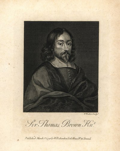 Sir Thomas Brown, englantilainen polymaatikko ja kirjailija tieteestä, lääketieteestä, uskonnosta ja esoteerisista asioista, kuoli 1682. Kuparikaiverrus William Richardin teoksesta Portraits Illustrating Granger