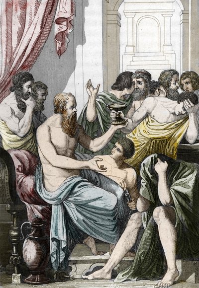 Sokrates tuomittiin juomaan hemlockia (399 eKr.), 1800-luvun loppu (kaiverrus) tekijältä Unbekannter Künstler