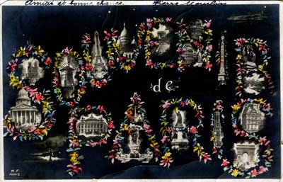 Matkamuisto Pariisista erilaisilla kaupungin monumenteilla - Postikortti vuodelta 1905 tekijältä Unbekannt