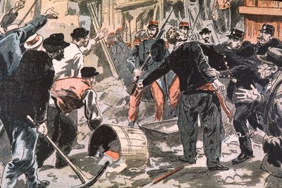 Bretagnelaisten grevistien ja lainvalvontaviranomaisten välinen taistelu rakennustyömaalla, Pariisi, 1900-luvun alku (kaiverrus). tekijältä Unbekannter Künstler