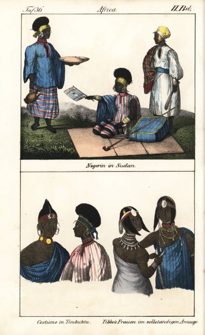Sudanilaisia naisia raidallisessa mekossa. Alla Timbuktun (Mali) demmes ja Saharan tibbo-naiset. Litografia kirjaa varten: "Galerie complete en tableaux fideles des peuples d