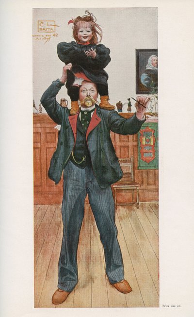 Ruotsalainen kuvittaja Carl Larsson (1853-1919) tyttärensä Britan kanssa. Akvarelli "" Das haus in der sonne"" vuodelta 1921 tekijältä Unbekannt