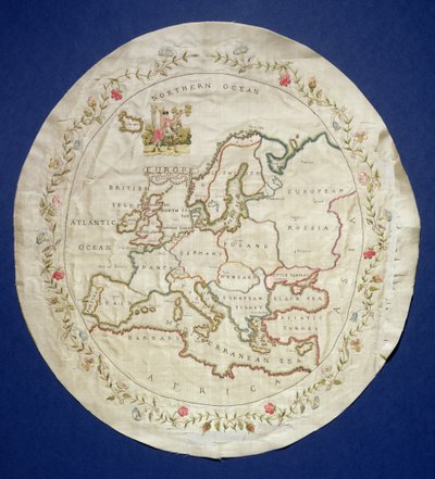 T.142-1938 Sampleri, joka näyttää Euroopan kartan, englanti, 1700-luvun loppu (värilliset silkkilangat silkillä) tekijältä Unbekannt