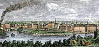 Tekstiilitehtaita Merrimack- ja Concord-jokien varrella, Lowell, Massachusetts, Yhdysvallat 1830-luvulla. Värillinen kaiverrus 1800-luvulta. tekijältä Unbekannter Künstler