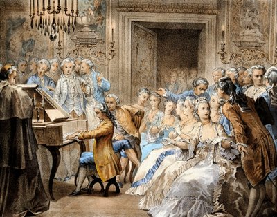 Itävaltalainen säveltäjä Wolfgang Amadeus Mozart (1756-1791) 14-vuotiaana soittamassa muistinvaraisesti Gregorio Allegrin "Miserere"-teosta. tekijältä Unbekannter Künstler
