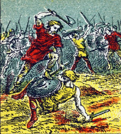 Vouillen taistelu, jossa Clovis I voitti visigootit vuonna 507. Kaiverrus "Histoire de France". Mainoskuvien sarja julkaistu Louit