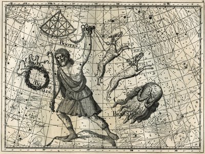 Bower, Boreal Crown, metsästyskoirat, Berenicen hiukset. Kaiverrus Camille Flammarionin teoksesta "The Stars and Other Curiosities of the Sky" tekijältä Unbekannt