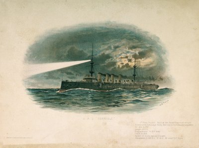 HMS "Terrible", ensimmäisen luokan risteilijä, jonka Barrow in Furness Shipbuilding and Arms Company rakensi vuonna 1897. Kromolitografia 1800-luvun lopulla, tekijä W.S. Tomkin (). tekijältä Unbekannter Künstler