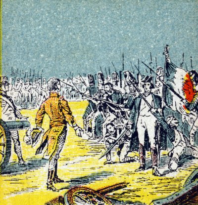 Sata päivää: Napoleon I Bonaparten tappio Waterloolle vuonna 1815. Kaiverrus "Histoire de France". Mainoskuvien sarja julkaistu Louit