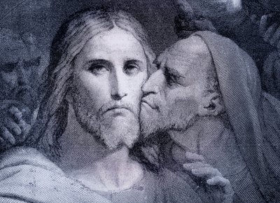 Suudelma - Juudas Iskariot suutelee Jeesusta Kristusta Getsemanen puutarhassa, El Mundo Ilustradosta, julkaistu Barcelonassa, noin 1880 tekijältä Unbekannt