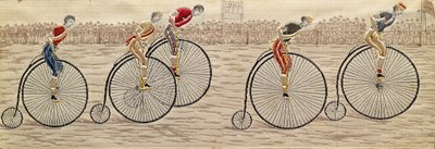 Viimeinen kierros, Penny Farthing Race, kudottu silkki Stevengraph, tekijä Thomas Stevens of Coventry. tekijältä Unbekannter Künstler