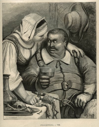 Pikku Pouket: Ogre ja hänen vaimonsa aterian päätyttyä. Gustave Doren (1832-1883) kaiverrus Charles Perraultin (1628-1703) teoksesta "Les contes" tekijältä Unbekannt