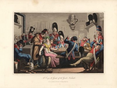 Kansalliskaartilaiset kaartissa, juomassa cantiniere, viinakauppias ja pelaa korttia, polttaa piippua, jotkut nukkuvat - Eau forte Victor Auverin kuvituksen mukaan, teoksesta Un tour through Paris, jonka on julkaissut William Sams. tekijältä Unbekannter Künstler