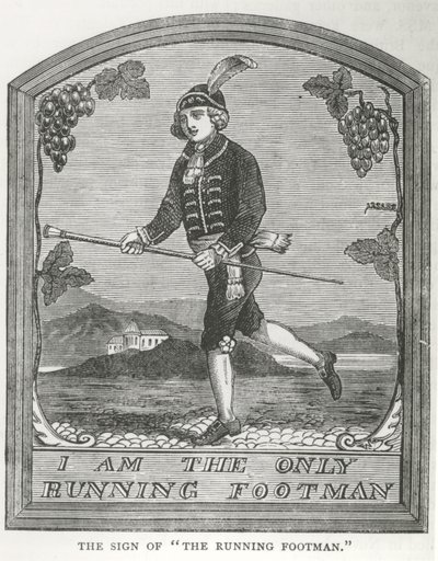 The Running Footman -majatalon kyltti (kaiverrus) tekijältä Unbekannt