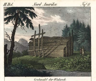 Wakashan-intiaanien puuhauta (Kanada). Kirjan litografia: Friedrich Wilhelm Goedsche (1785-1863) "Galerie complete en tableaux fideles des peuples d
