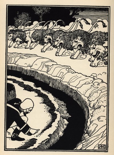 Paroni puolustaa itseään leijonien hyökkäykseltä syttämällä ruudin tuleen. William Strangin (1859-1921) ja JB Clarkin kuvitus Rudolf Erich Raspen (1736-1794) (1789) "Münchausenin paronin (Munchhausen) seikkailuista" tekijältä Unbekannt