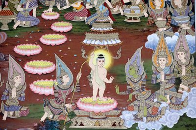 Vauvan Siddharthan syntymä, seinäfresko, Wat Maniratanaramin luostari, Phnom Penh, 2022 (kuva) tekijältä Unbekannter Künstler