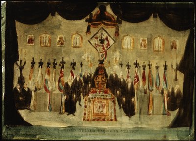 Horatio Nelsonin (1758-1805) ruumis lepää entisen Royal Naval Collegen maalatussa salissa Greenwichissä hautajaisten aikana kolmantena päivänä, arkun peittävä musta lakana poistetaan ja mustiin pukeutuneet vartijat seisovat arkun molemmin puolin. tekijältä Unbekannter Künstler
