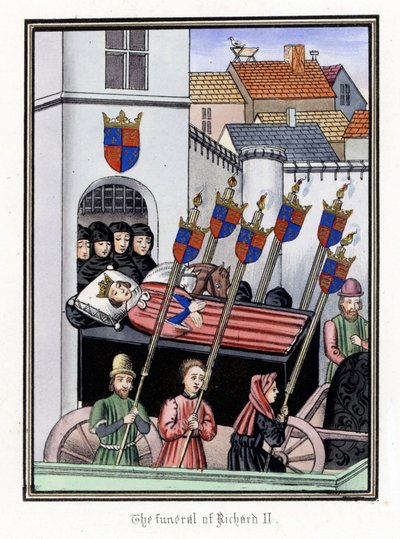 Englannin kuningas Rikhard II:n (1367-1400) hautajaissaattue lähdössä Pontefractin linnasta kohti Lontoon Pyhän Paavalin katedraalia (Englanti). tekijältä Unbekannter Künstler