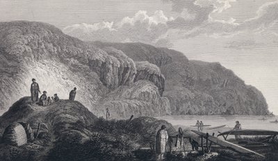 Oonalashkan (tai Unalaskan, Alaska, Yhdysvallat) asukkaat ja heidän kotinsa. Kaiverrus 1700-luvun lopulla John Webberin (1751-1793) mukaan. tekijältä Unbekannter Künstler