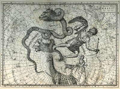 Lähistöllä olevat pohjoisnavan tähtikuviot: Pikku karhu, lohikäärme, kefe, kirahvi, poro ja messier. Kaiverrus Camille Flammarionin teoksesta "The Stars and Other Curiosities of the Sky" tekijältä Unbekannt
